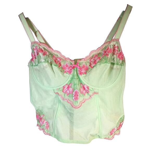 CACIQUE 18/20 Lime Pistachio & Pink Floral Embroidered Corset Underwire Bustier - Picture 2 of 8